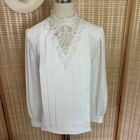 Vintage Womens White Lace High Neck Blouse Long Sleeve Victorian Edwardian - Picture 1 of 11